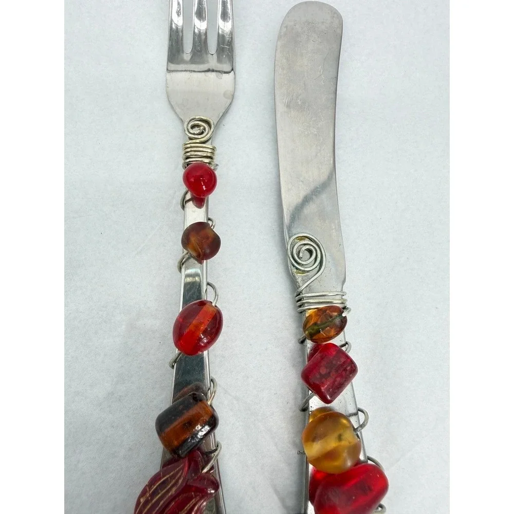 Wire Wrapped Beaded Fork & Knife Appetizer Flatware Set Red Elegant Tableware
